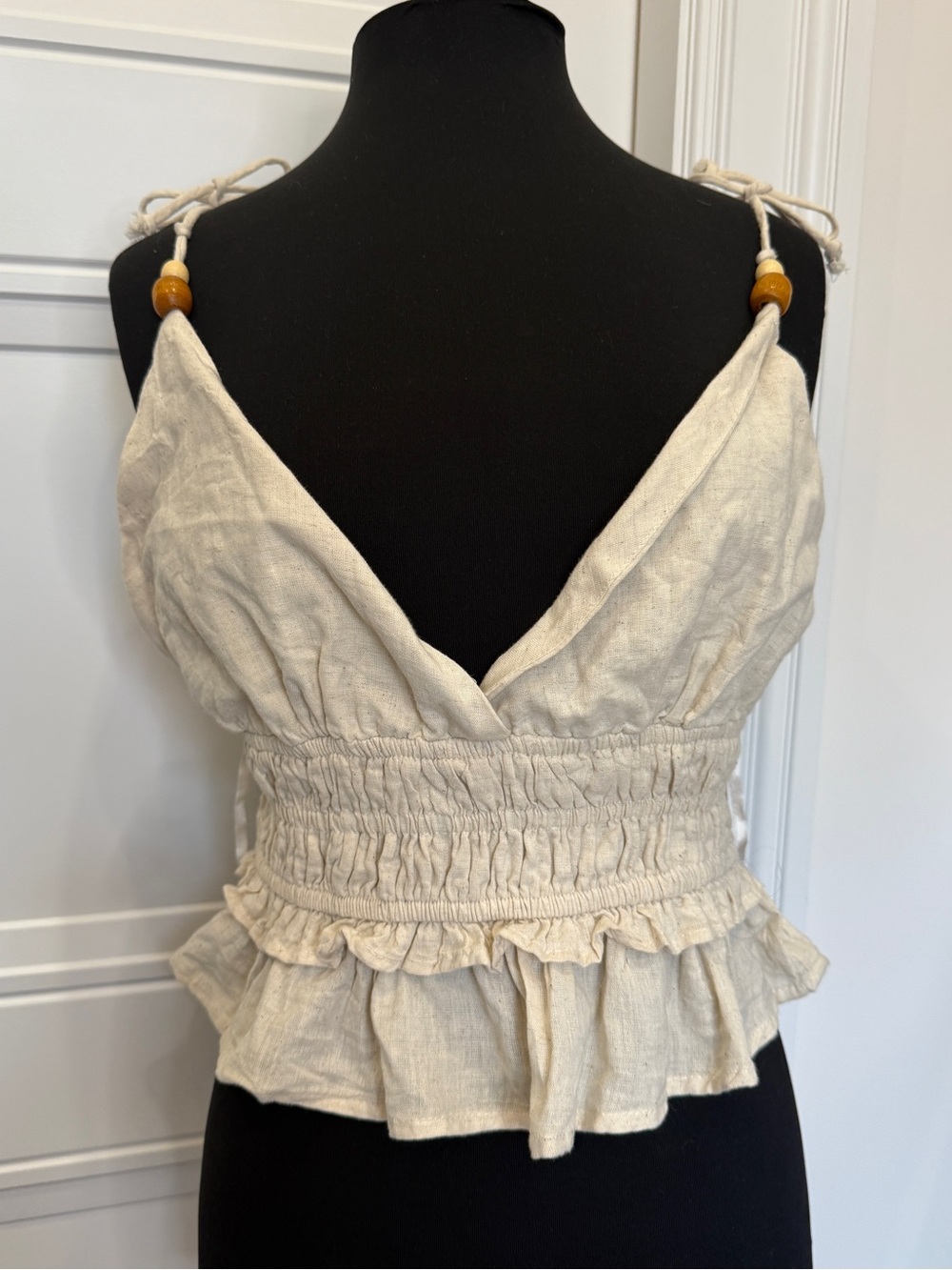 NWT SIM & SAM LINEN TANK RUFFLE CROPPED BEADED STRAP XL